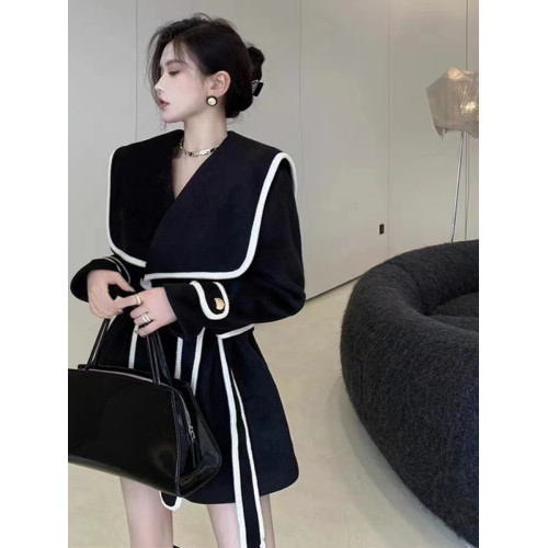 2025新款秋冬赫本風黑色海軍領毛呢外套小個子收腰顯瘦大衣女 2025新款秋冬赫本風黑色海軍領毛呢外套小個子收腰顯瘦大衣女