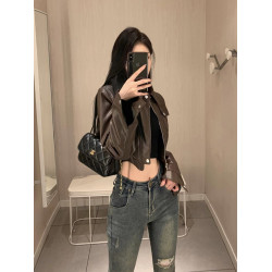 美式復古甜酷辣妹風咖色皮衣外套2023秋裝新款設計感機車夾克上衣