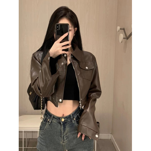 美式復古甜酷辣妹風咖色皮衣外套2023秋裝新款設計感機車夾克上衣 美式復古甜酷辣妹風咖色皮衣外套2023秋裝新款設計感機車夾克上衣