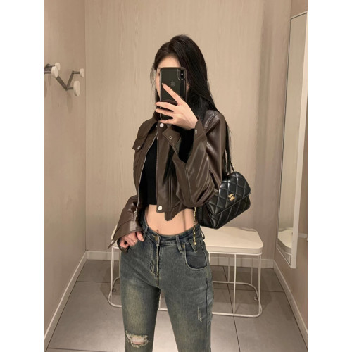 美式復古甜酷辣妹風咖色皮衣外套2023秋裝新款設計感機車夾克上衣 美式復古甜酷辣妹風咖色皮衣外套2023秋裝新款設計感機車夾克上衣