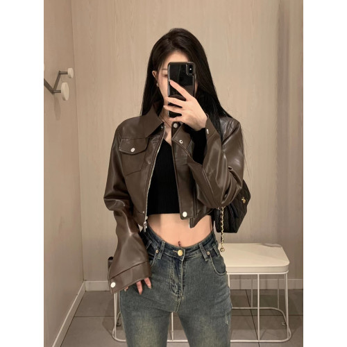 美式復古甜酷辣妹風咖色皮衣外套2023秋裝新款設計感機車夾克上衣 美式復古甜酷辣妹風咖色皮衣外套2023秋裝新款設計感機車夾克上衣