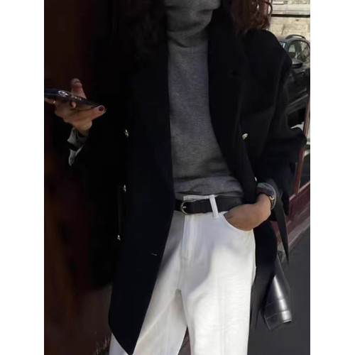 高級感黑色呢子大衣秋冬季2025新款韓版小個子西裝毛呢外套女加厚