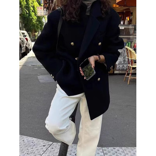 高級感黑色呢子大衣秋冬季2025新款韓版小個子西裝毛呢外套女加厚