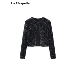 拉夏貝爾設計感休閒黑色圓領墊肩鉤釦絲絨亮片開衫短小外套女新款
