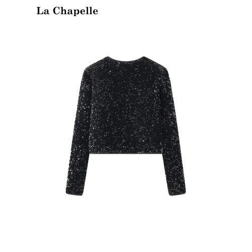 拉夏貝爾設計感休閒黑色圓領墊肩鉤釦絲絨亮片開衫短小外套女新款 拉夏貝爾設計感休閒黑色圓領墊肩鉤釦絲絨亮片開衫短小外套女新款