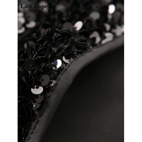 拉夏貝爾設計感休閒黑色圓領墊肩鉤釦絲絨亮片開衫短小外套女新款 拉夏貝爾設計感休閒黑色圓領墊肩鉤釦絲絨亮片開衫短小外套女新款