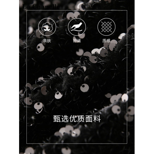 拉夏貝爾設計感休閒黑色圓領墊肩鉤釦絲絨亮片開衫短小外套女新款 拉夏貝爾設計感休閒黑色圓領墊肩鉤釦絲絨亮片開衫短小外套女新款