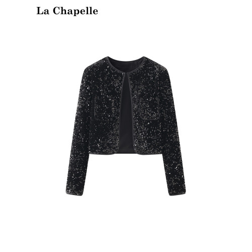 拉夏貝爾設計感休閒黑色圓領墊肩鉤釦絲絨亮片開衫短小外套女新款 拉夏貝爾設計感休閒黑色圓領墊肩鉤釦絲絨亮片開衫短小外套女新款