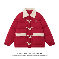 羊羔絨拼接羊角釦翻領加厚棉服女冬季甜美風別致百搭情侶保暖外套