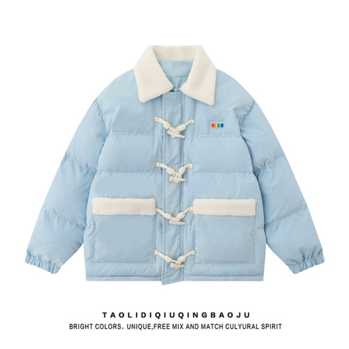 羊羔絨拼接羊角釦翻領加厚棉服女冬季甜美風別致百搭情侶保暖外套 羊羔絨拼接羊角釦翻領加厚棉服女冬季甜美風別致百搭情侶保暖外套