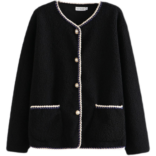 2023秋冬季韓版新款大碼時尚上衣復古小香風鑲邊珍珠釦黑色外套潮 2023秋冬季韓版新款大碼時尚上衣復古小香風鑲邊珍珠釦黑色外套潮