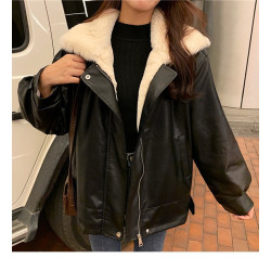 【保暖皮夾克】春秋冬季女式大碼厚款加絨寬松皮衣外套皮毛一體潮