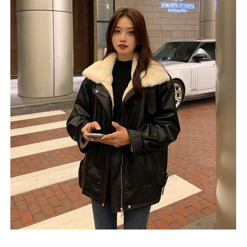 【保暖皮夾克】春秋冬季女式大碼厚款加絨寬松皮衣外套皮毛一體潮 【保暖皮夾克】春秋冬季女式大碼厚款加絨寬松皮衣外套皮毛一體潮