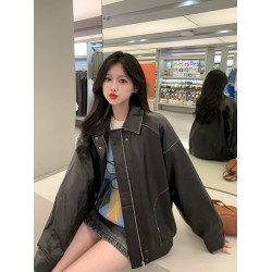 美式復古做舊棕色皮衣外套女春韓版寬松設計感小衆嬉皮士夾克上衣