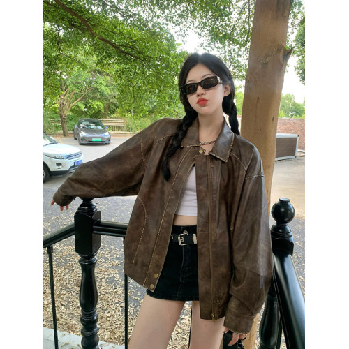 美式復古做舊棕色皮衣外套女春韓版寬松設計感小衆嬉皮士夾克上衣 美式復古做舊棕色皮衣外套女春韓版寬松設計感小衆嬉皮士夾克上衣