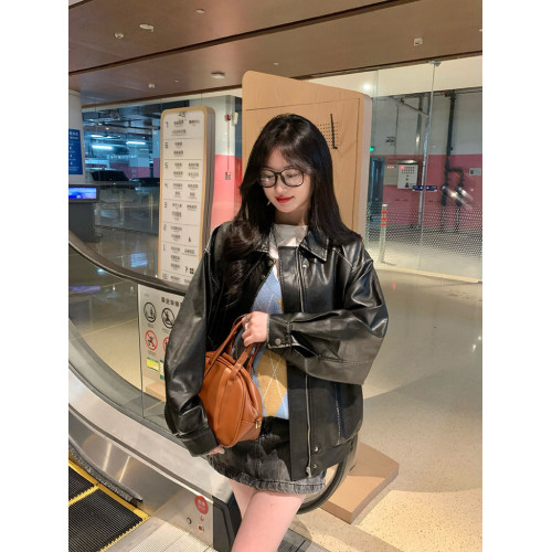 美式復古做舊棕色皮衣外套女春韓版寬松設計感小衆嬉皮士夾克上衣 美式復古做舊棕色皮衣外套女春韓版寬松設計感小衆嬉皮士夾克上衣