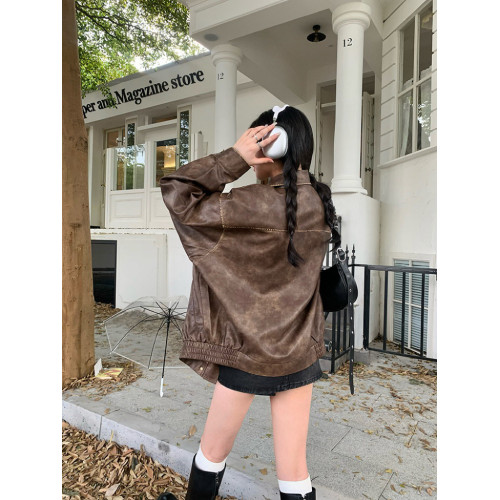 美式復古做舊棕色皮衣外套女春韓版寬松設計感小衆嬉皮士夾克上衣 美式復古做舊棕色皮衣外套女春韓版寬松設計感小衆嬉皮士夾克上衣