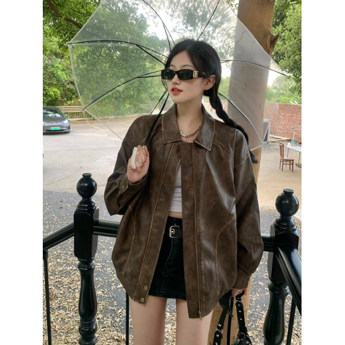 美式復古做舊棕色皮衣外套女春韓版寬松設計感小衆嬉皮士夾克上衣 美式復古做舊棕色皮衣外套女春韓版寬松設計感小衆嬉皮士夾克上衣