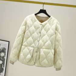 短款加絨菱格棉衣女時尚新款內穿小個子寬松大碼加厚棉服保暖棉襖