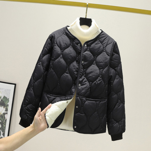 短款加絨菱格棉衣女時尚新款內穿小個子寬松大碼加厚棉服保暖棉襖