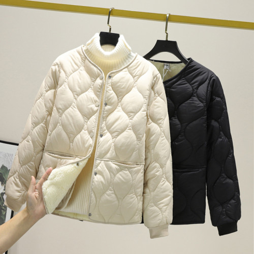 短款加絨菱格棉衣女時尚新款內穿小個子寬松大碼加厚棉服保暖棉襖