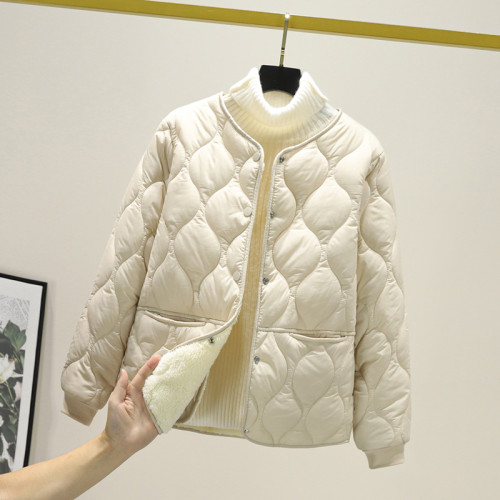 短款加絨菱格棉衣女時尚新款內穿小個子寬松大碼加厚棉服保暖棉襖