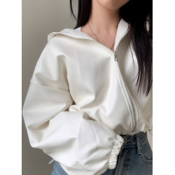 韓國chic春季法式復古拉鍊連帽小皮衣寬松休閒收腰短款皮夾克外套