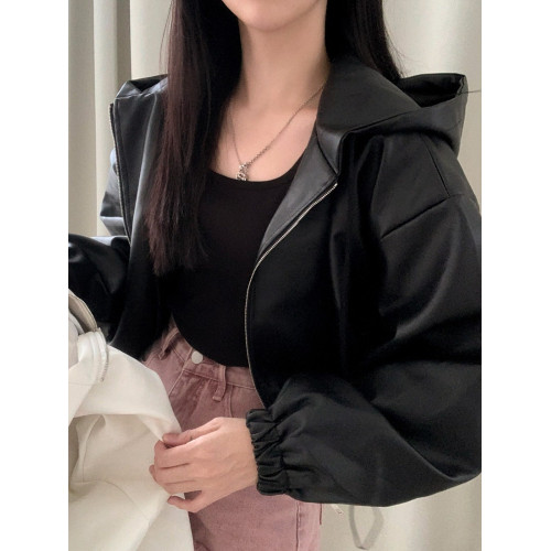 韓國chic春季法式復古拉鍊連帽小皮衣寬松休閒收腰短款皮夾克外套 韓國chic春季法式復古拉鍊連帽小皮衣寬松休閒收腰短款皮夾克外套