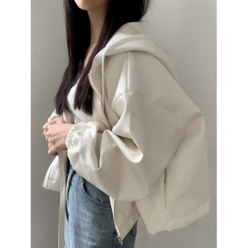 韓國chic春季法式復古拉鍊連帽小皮衣寬松休閒收腰短款皮夾克外套 韓國chic春季法式復古拉鍊連帽小皮衣寬松休閒收腰短款皮夾克外套