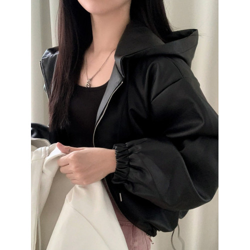 韓國chic春季法式復古拉鍊連帽小皮衣寬松休閒收腰短款皮夾克外套 韓國chic春季法式復古拉鍊連帽小皮衣寬松休閒收腰短款皮夾克外套