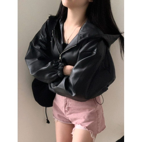 韓國chic春季法式復古拉鍊連帽小皮衣寬松休閒收腰短款皮夾克外套 韓國chic春季法式復古拉鍊連帽小皮衣寬松休閒收腰短款皮夾克外套