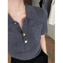 高級感深灰色翻領針織短袖女2025新款夏季修身v領polo衫通勤上衣