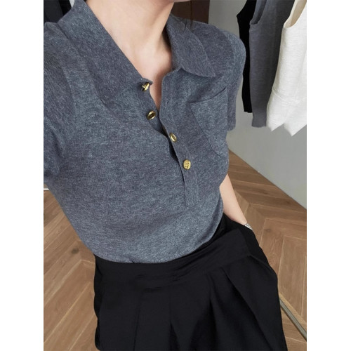 高級感深灰色翻領針織短袖女2025新款夏季修身v領polo衫通勤上衣