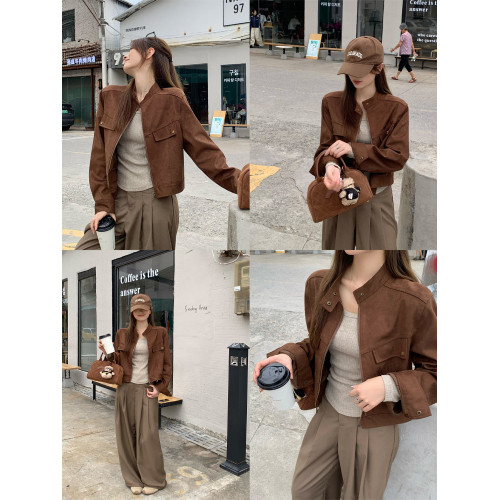 烏77美拉德咖色麂皮絨圓領外套女甜酷風機車服短款小個子夾克上衣