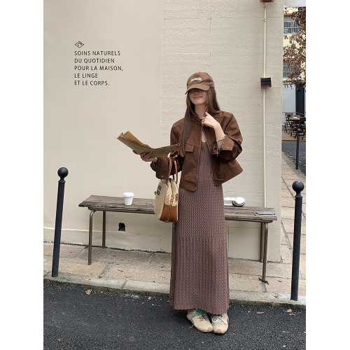 烏77美拉德咖色麂皮絨圓領外套女甜酷風機車服短款小個子夾克上衣