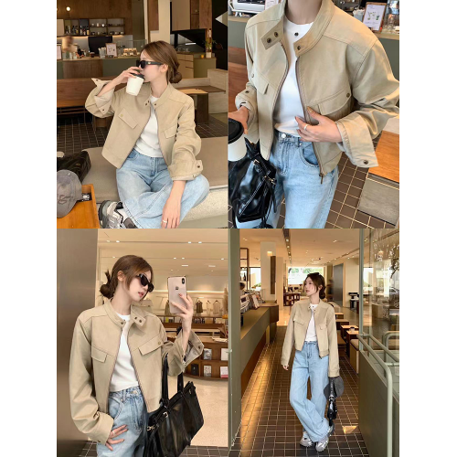 烏77美拉德咖色麂皮絨圓領外套女甜酷風機車服短款小個子夾克上衣