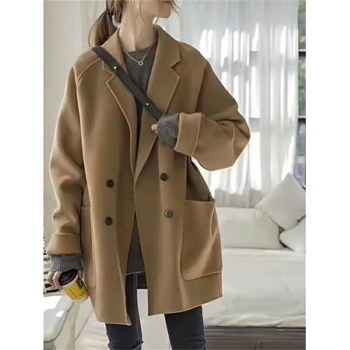 反季雙面羊毛大衣女中長款2025新款西裝領雙排釦寬鬆顯瘦毛呢外套