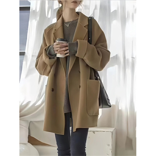 反季雙面羊毛大衣女中長款2025新款西裝領雙排釦寬鬆顯瘦毛呢外套