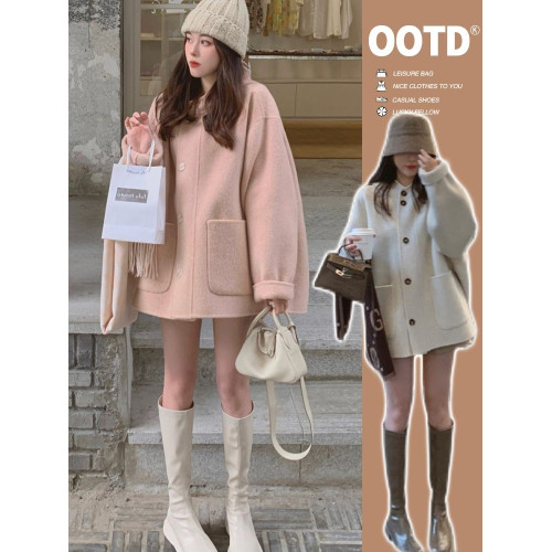 美式復古毛呢大衣女秋冬2025高級感氣質寬松小個子加絨中長款外套 美式復古毛呢大衣女秋冬2025高級感氣質寬松小個子加絨中長款外套