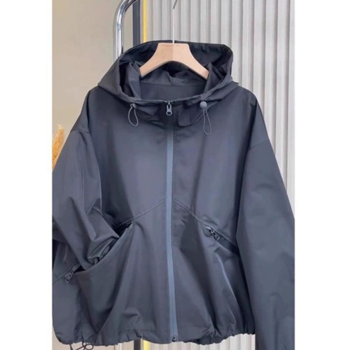 2025年春季新款女士黑色連帽沖鋒衣外套簡約寬松抽繩防風夾克上衣 2025年春季新款女士黑色連帽沖鋒衣外套簡約寬松抽繩防風夾克上衣