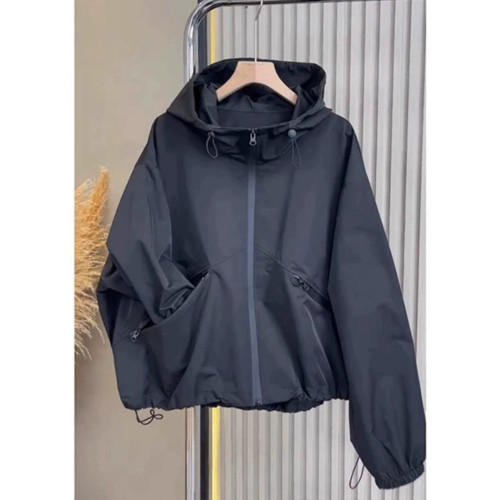 2025年春季新款女士黑色連帽沖鋒衣外套簡約寬松抽繩防風夾克上衣 2025年春季新款女士黑色連帽沖鋒衣外套簡約寬松抽繩防風夾克上衣