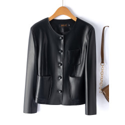 海甯真皮皮衣女短款單排釦皮夾克綿羊皮機車圓領百搭顯瘦時尚外套