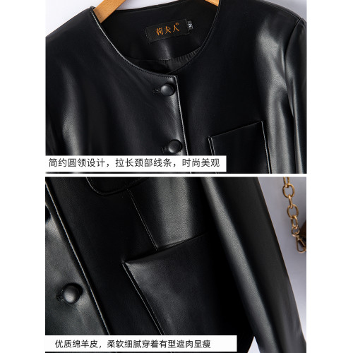 海甯真皮皮衣女短款單排釦皮夾克綿羊皮機車圓領百搭顯瘦時尚外套 海甯真皮皮衣女短款單排釦皮夾克綿羊皮機車圓領百搭顯瘦時尚外套