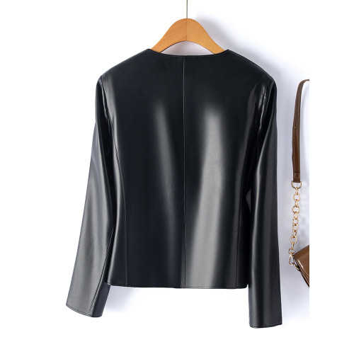 海甯真皮皮衣女短款單排釦皮夾克綿羊皮機車圓領百搭顯瘦時尚外套 海甯真皮皮衣女短款單排釦皮夾克綿羊皮機車圓領百搭顯瘦時尚外套