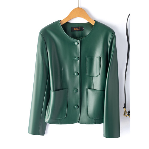 海甯真皮皮衣女短款單排釦皮夾克綿羊皮機車圓領百搭顯瘦時尚外套 海甯真皮皮衣女短款單排釦皮夾克綿羊皮機車圓領百搭顯瘦時尚外套