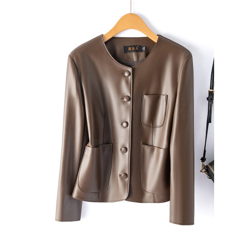 海甯真皮皮衣女短款單排釦皮夾克綿羊皮機車圓領百搭顯瘦時尚外套 海甯真皮皮衣女短款單排釦皮夾克綿羊皮機車圓領百搭顯瘦時尚外套