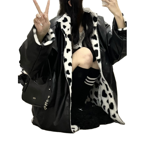 2025年秋冬新款小愛心皮衣兩面穿棉服女韓版寬松港風皮夾克外套潮 2025年秋冬新款小愛心皮衣兩面穿棉服女韓版寬松港風皮夾克外套潮