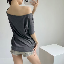 張婧儀同款寬松慵懶風兩穿T恤女夏一字肩顯瘦薄款設計感短袖上衣