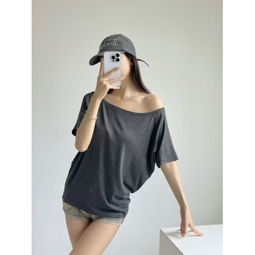張婧儀同款寬松慵懶風兩穿T恤女夏一字肩顯瘦薄款設計感短袖上衣