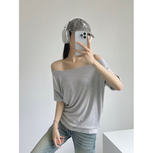 張婧儀同款寬松慵懶風兩穿T恤女夏一字肩顯瘦薄款設計感短袖上衣